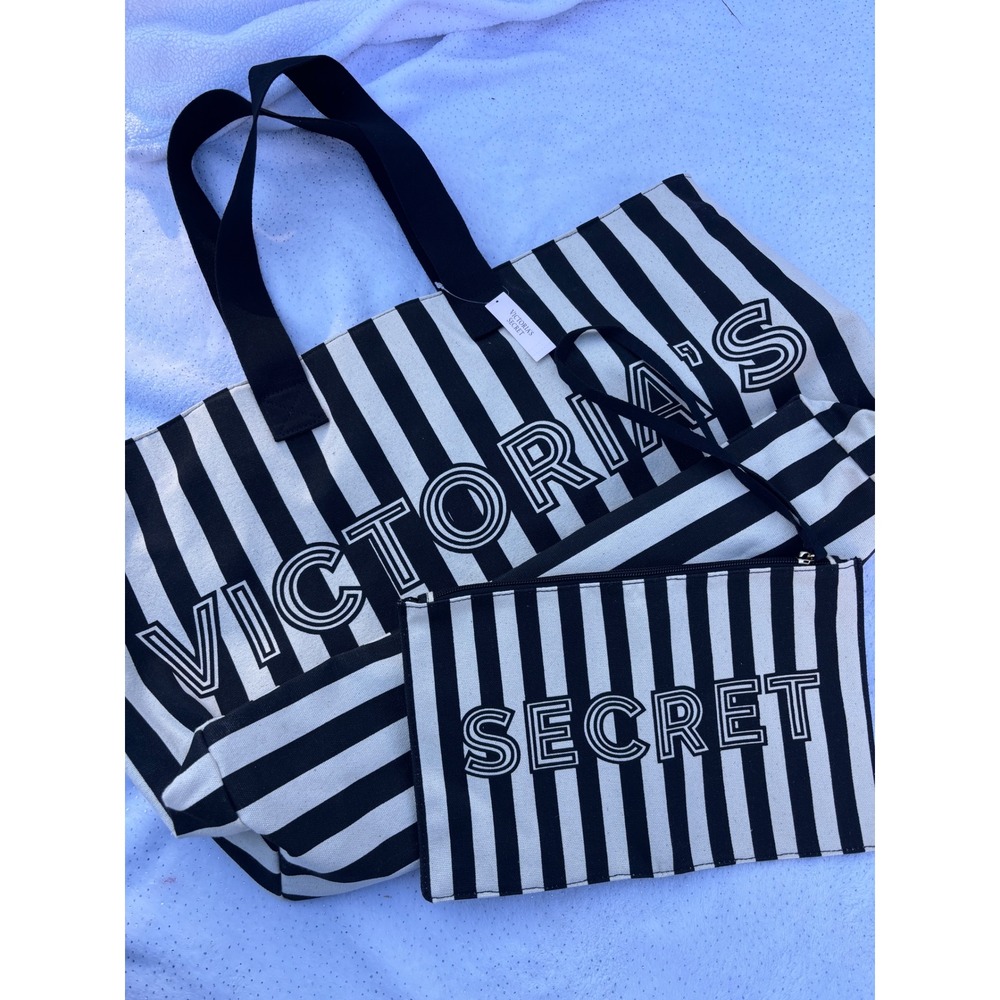 Victorias Secret Black White Stripe Canvas Tote Bag and Wristlet Pouch Set NWT